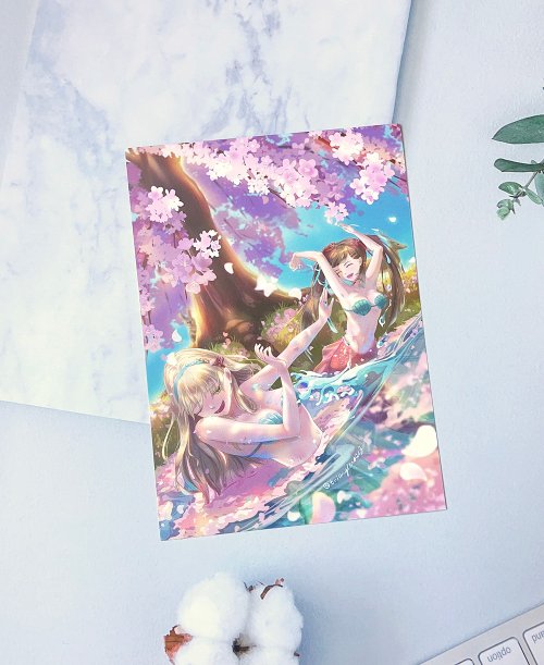 三角鼻人 【原創】【櫻花樹下的美人魚】厚卡插畫明信片 l 生日卡 l 萬用卡