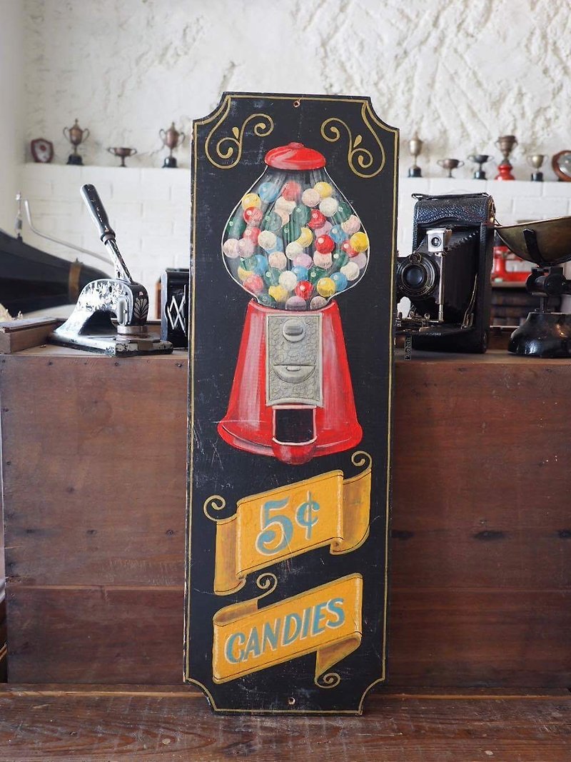 American artist hand-painted wood candy machine advertising board signature JS - Items for Display - Wood Multicolor