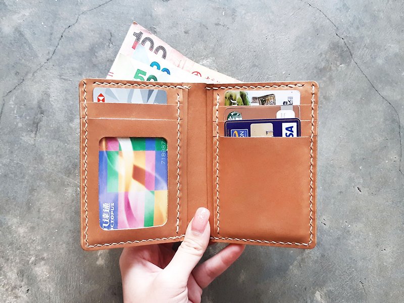 4 card positions photo straight short clip well sewn leather material bag wallet wallet Hong Kong leather vegetable tanned DIY - เครื่องหนัง - หนังแท้ สีส้ม