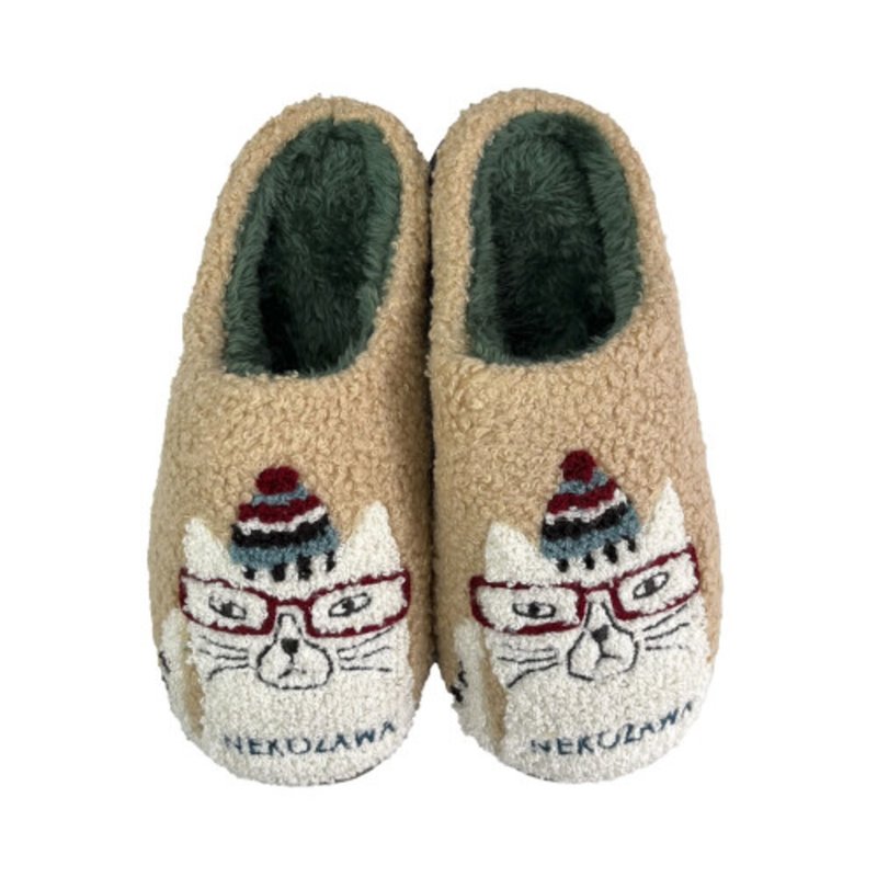 Kusuguru Japan 拖鞋 相良刺繡絨毛保暖止滑鞋底室內拖鞋-米黃色 - 室內拖鞋 - 聚酯纖維 黃色