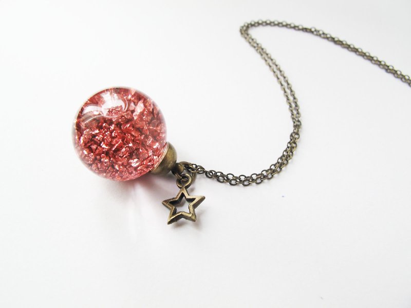 * Rosy Garden * Bronze planet rocks flowing in water inside glass ball necklace - สร้อยติดคอ - แก้ว สีส้ม