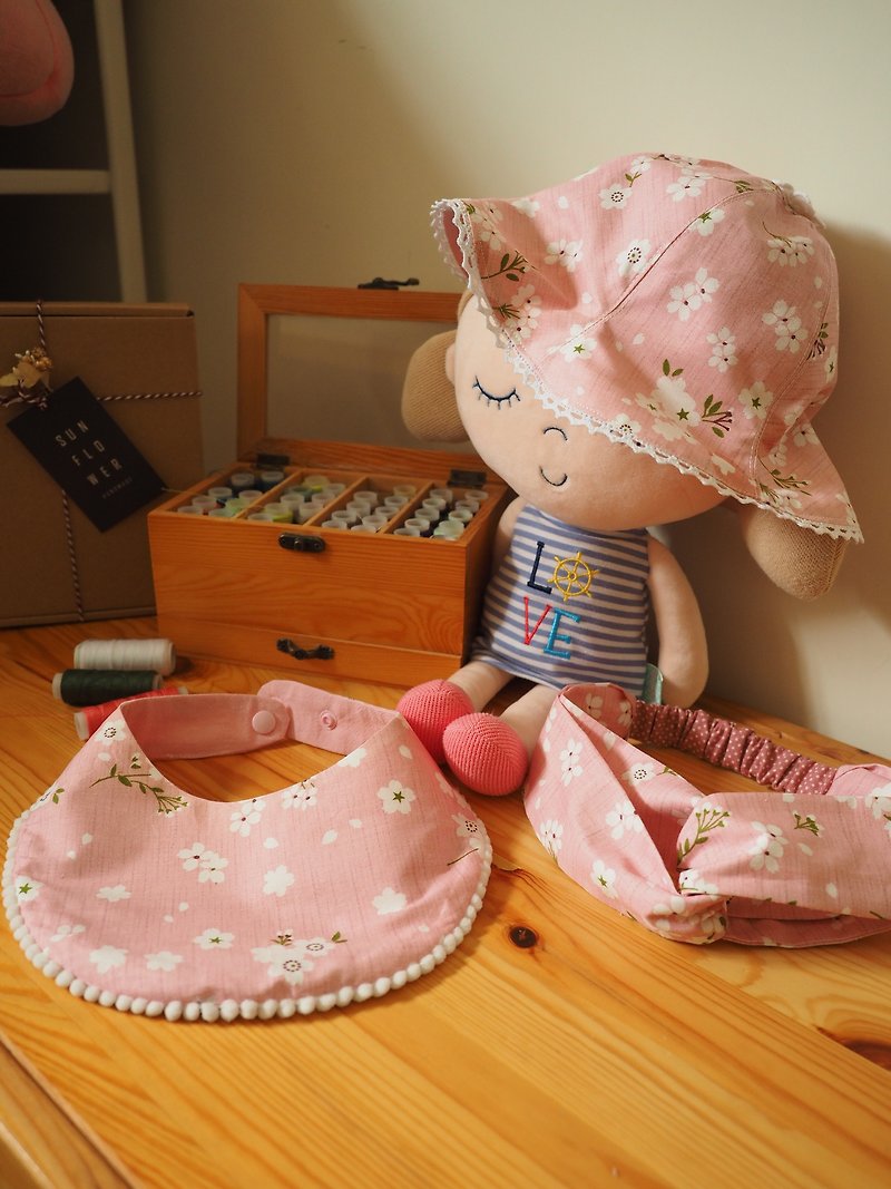 手作粉紅櫻花圖案雙面太陽帽子 圍巾及成人彈性髮帶套裝