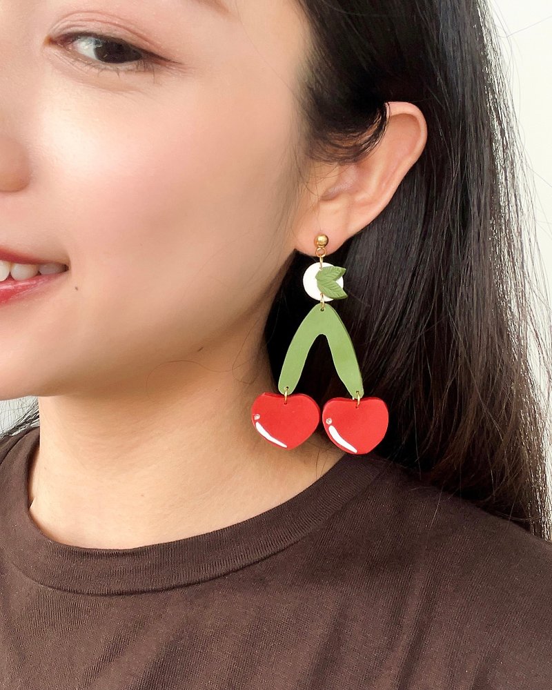 Cherry-cherry soft clay earrings - Earrings & Clip-ons - Other Materials 