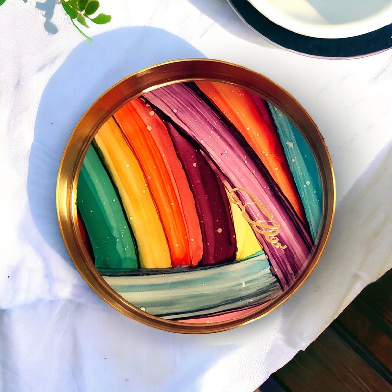 Alcohol Ink Art Gold Brass / Aluminium Tray -  Colourful Stripes - ของวางตกแต่ง - โลหะ หลากหลายสี