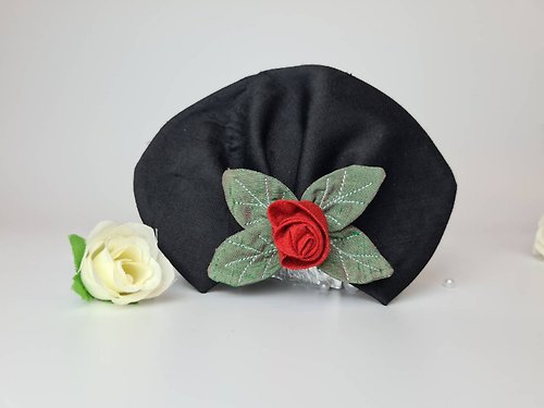 BonnieU Black Thai silk with red rose & leaves fan shape hair clip (Red rose & leaves)