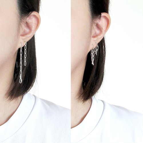 Miss Maru Jewellery 【單邊款】- 瘋狂幾何 | 極簡(短)橢圓切角鍊式925純銀耳環