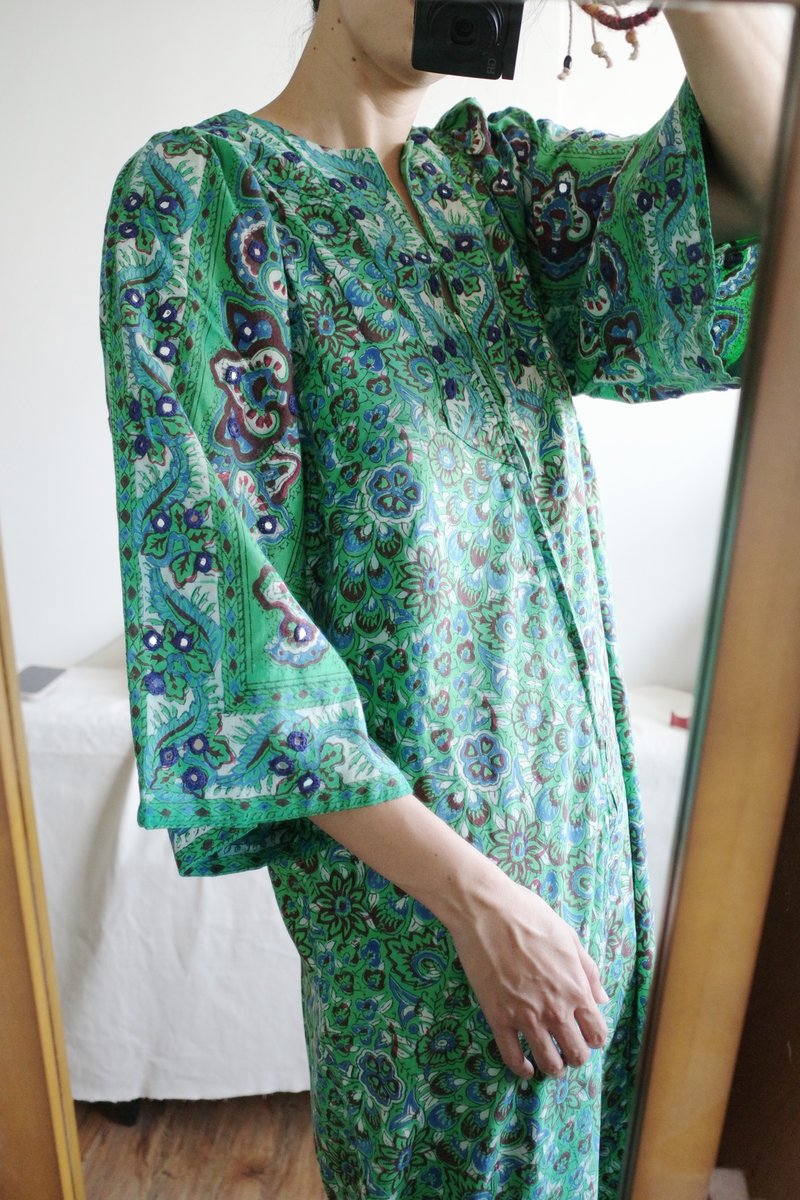 Vintage Romona Rull dress 嬉皮逸品 70s 巴基斯坦手工蓋印洋裝 - 洋裝/連身裙 - 棉．麻 