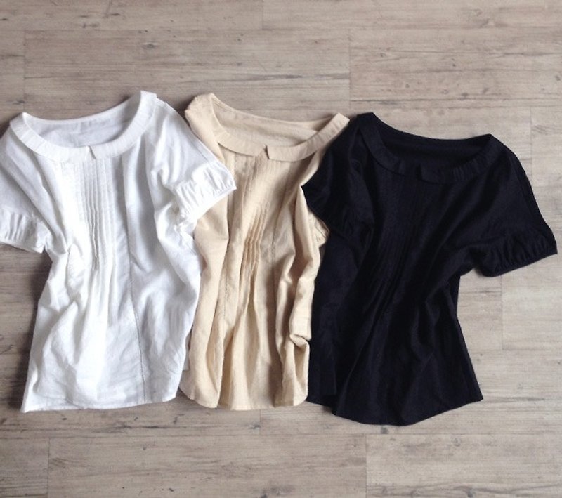 [Armoire *] cotton linen drop shoulder round collar pin tuck blouse [rm-08] - Women's Tops - Cotton & Hemp White