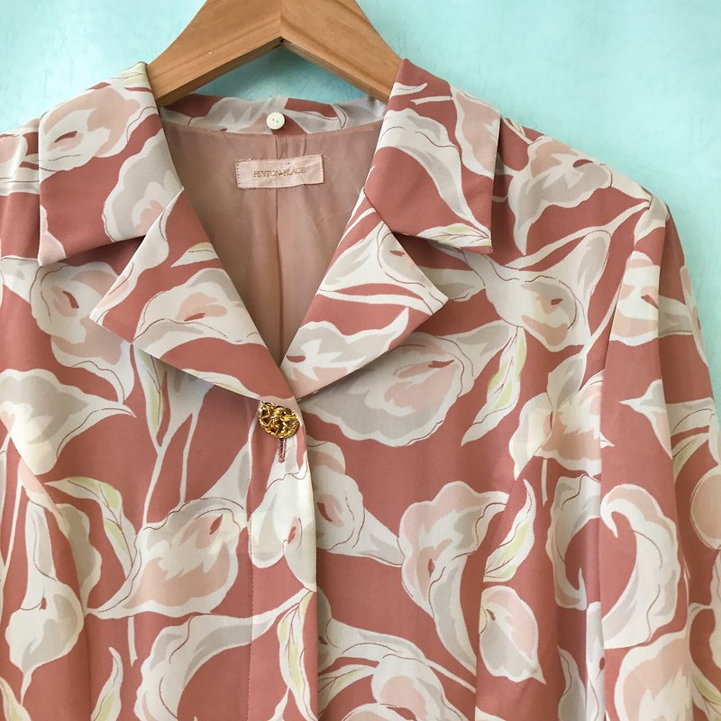 …{Acorn Girl:: vintage dress} milk tea color flower and leaf pattern tie long-sleeved dress - One Piece Dresses - Other Materials Pink