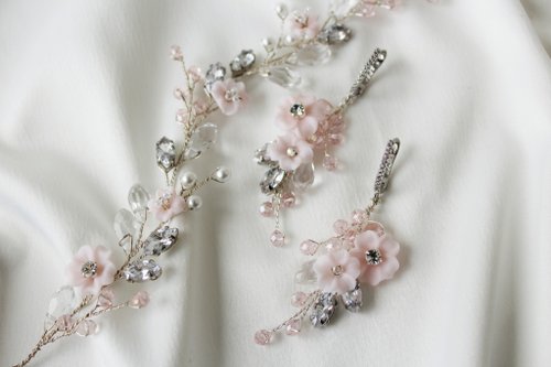 Si Wedding Accessories 白色蛋白石粉紅色珠寶套裝, 花珍珠耳環, 新娘發片花