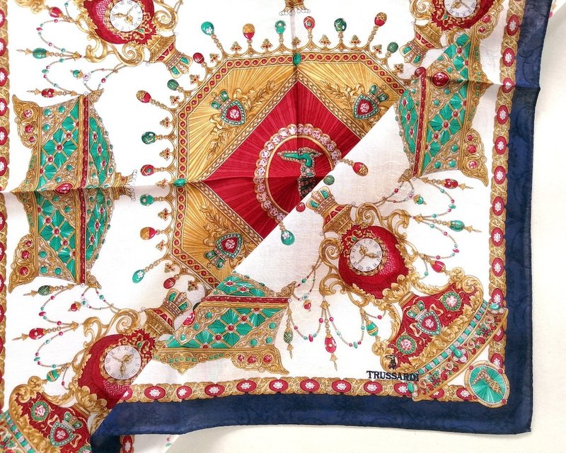Trussardi Vintage Handkerchief Antique Watch Easter Egg on Stand 21 x 21 inches - Scarves - Cotton & Hemp Blue
