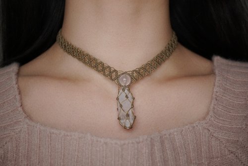 Macramé Crafts 粉晶 白水晶 蠟線編織頸圈