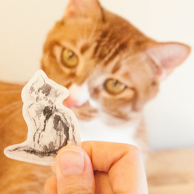 水墨貓咪和紙貼紙 - 回眸的貓