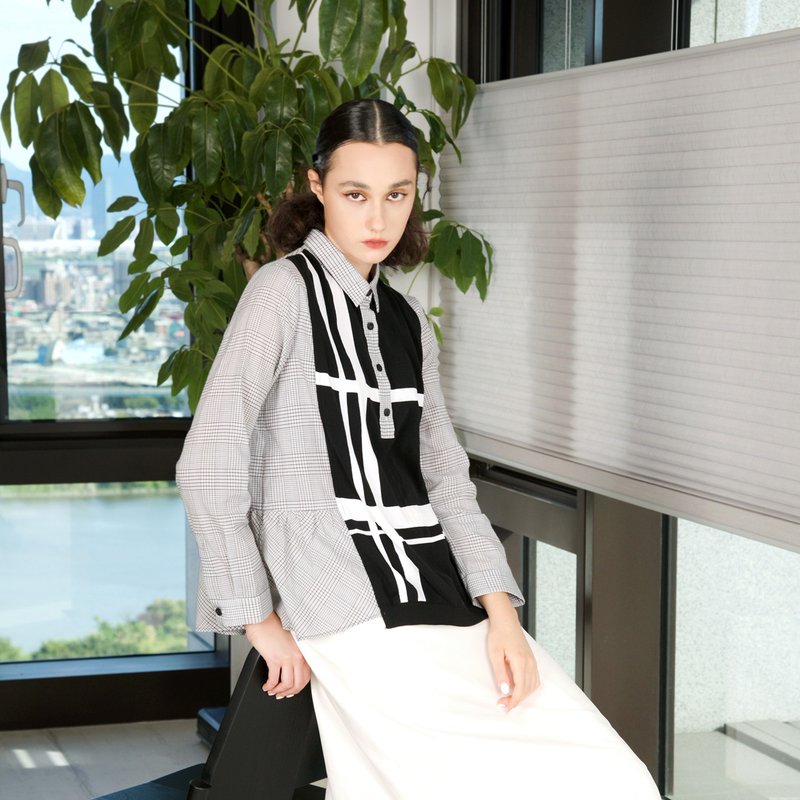 Unrestrained wavy half-card woven shirt - Women's Shirts - Cotton & Hemp Black