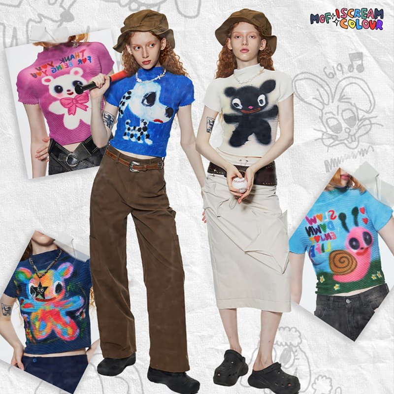 iscreamcolour MOF artist original graffiti y2k colorful hot girl American T-shirt small animal series - เสื้อยืดผู้หญิง - เส้นใยสังเคราะห์ หลากหลายสี