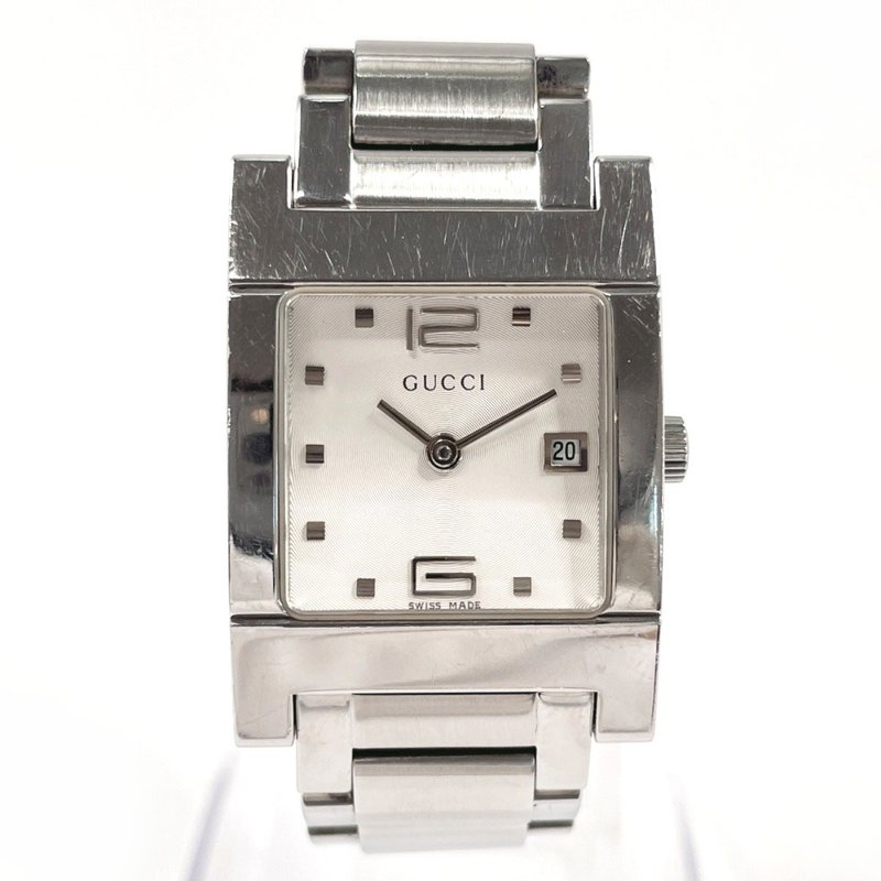 【日本直送 中古美品】グッチ GUCCI 腕時計 7700L ステンレススチール シルバー ホワイト クオーツ スクエアフェイス - 女錶 - 不鏽鋼 銀色