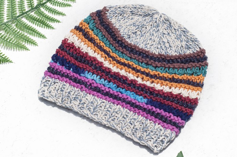 Hand-woven cotton hat / fisherman hat / visor / handmade hat / handmade crochet hat - blueberry rainbow stripes - Hats & Caps - Cotton & Hemp Multicolor