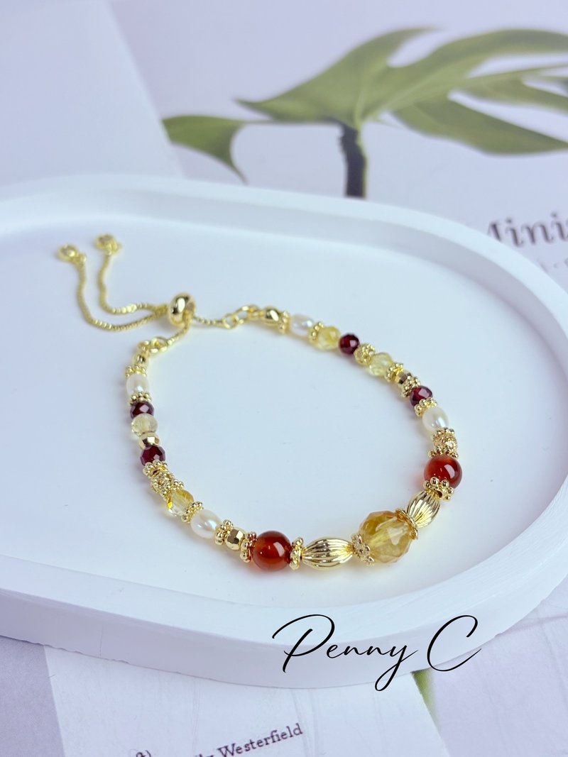 招財旺事業水晶手鍊 黃水晶 紅石榴石 橙石榴石 淡水珍珠手鍊 - 手鍊/手環 - 水晶 