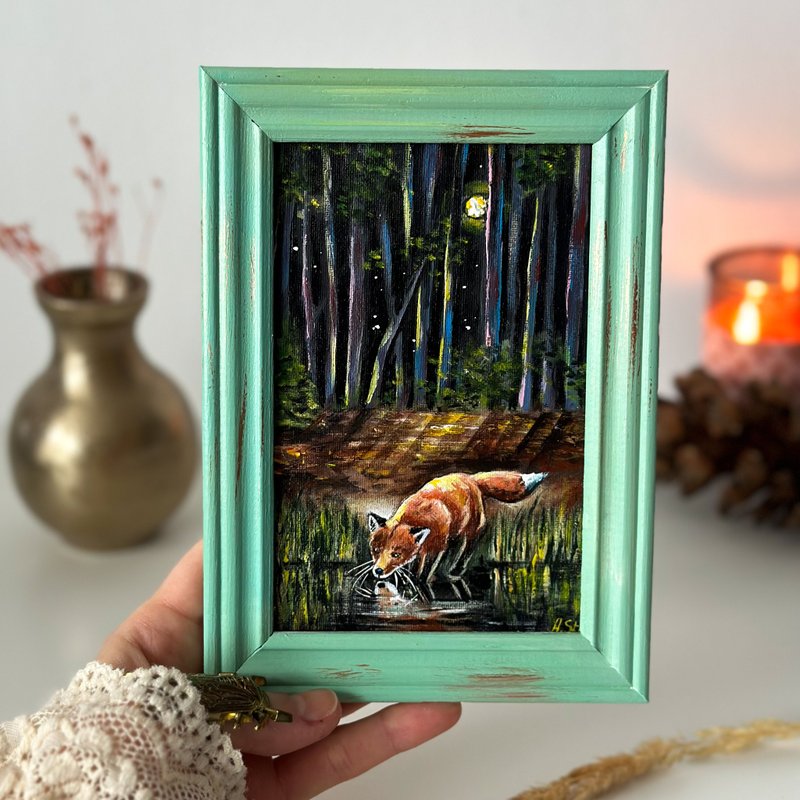 Fox framed painting, Night forest mini art, Forest landscape, Woodland animals - 擺飾/家飾品 - 木頭 多色