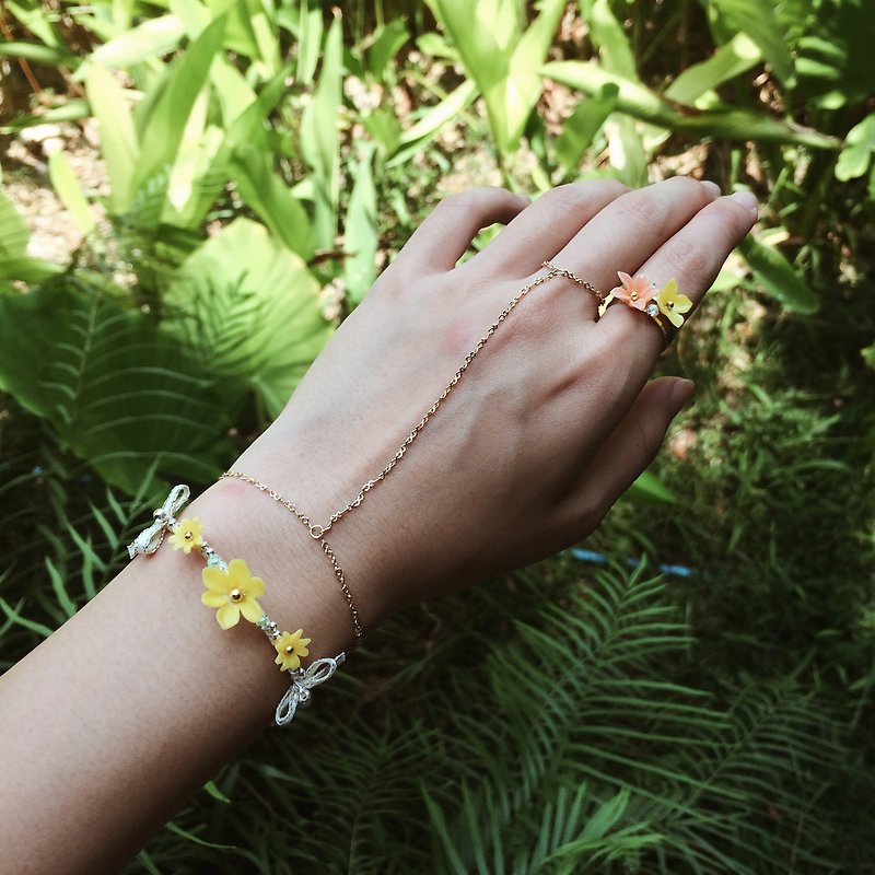 Pamycarie summer lemon yellow resin clay flower green lake 925 silver bead copper bracelets - สร้อยข้อมือ - กระดาษ สีเหลือง