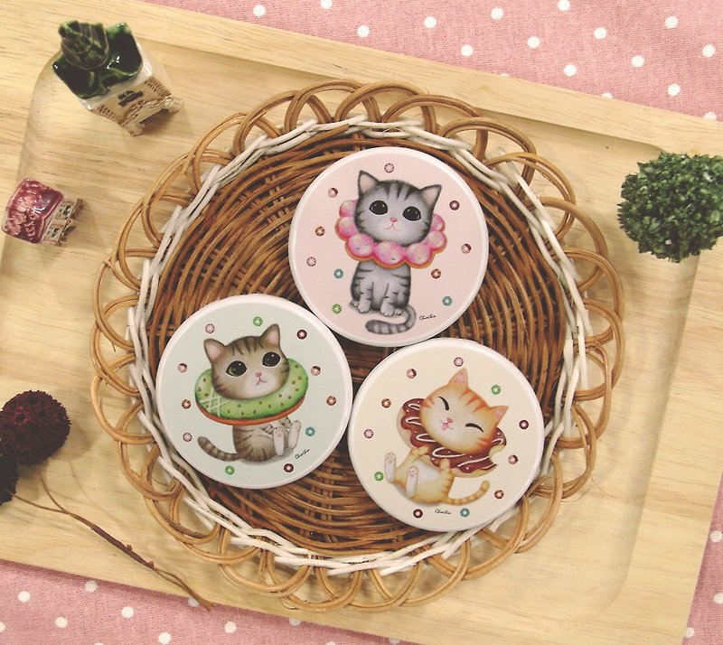 ChinChin 手繪貓咪雙面小圓鏡 - 甜甜圈組合 (三入)
