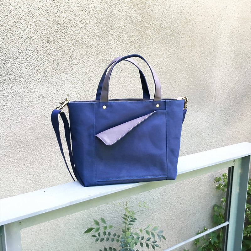 Small Folding Canvas Bag-Blue Grey - กระเป๋าแมสเซนเจอร์ - ผ้าฝ้าย/ผ้าลินิน สีน้ำเงิน