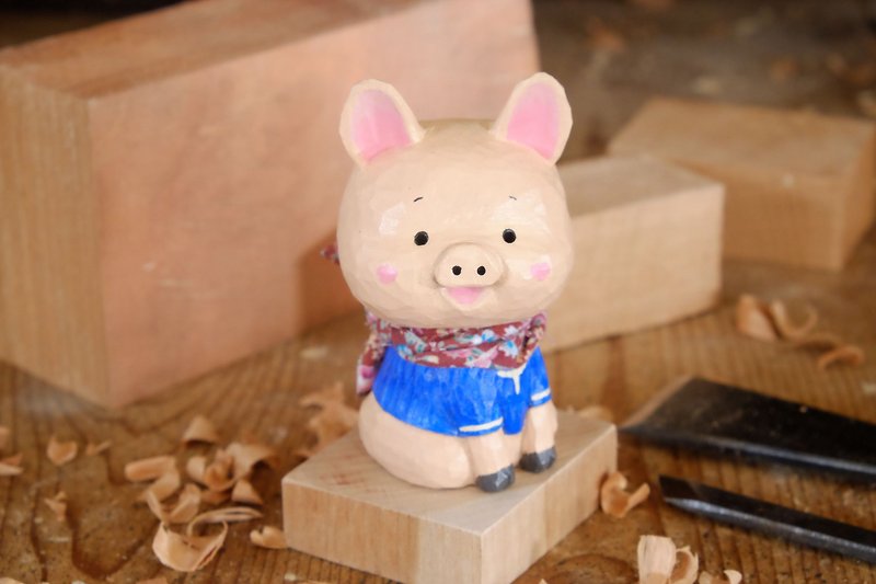 I want to be a room wood carving animal _ sitting posture pig (log hand carved) - Stuffed Dolls & Figurines - Wood Pink