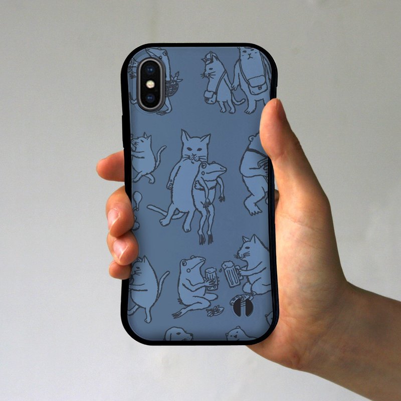 グリップiPhoneケース　猫と青蛙のなかまたち　ブルーグレー - 手機殼/手機套 - 塑膠 灰色