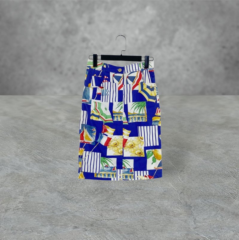 Blue color printed slightly narrow version with pockets high waist 26 long skirt OPD408 - Skirts - Polyester Blue