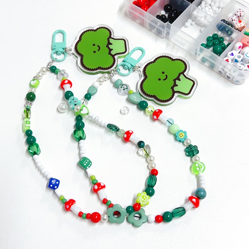 Beaded mobile phone rope green oil with broccoli hang tag - เชือก/สายคล้อง - พลาสติก 