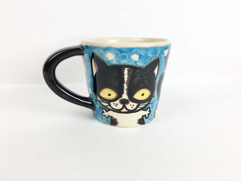 Nice Little Clay wide mouth mug happy black and white cat 01062-10 - Mugs - Pottery Blue
