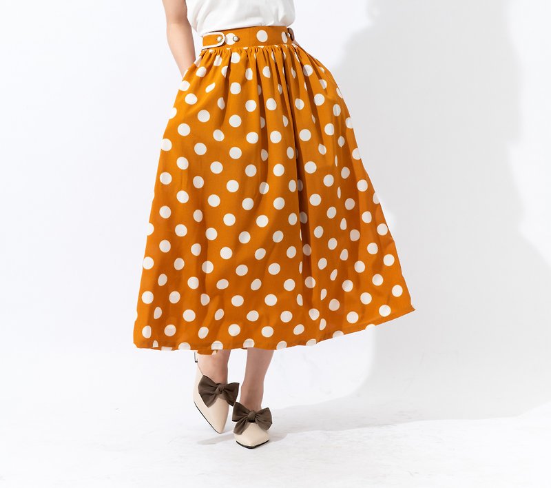 【joliememe】波卡圓點中長裙Polka Dot Skirt - 裙子/長裙 - 聚酯纖維 黃色