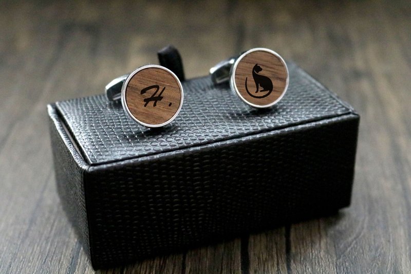 精緻胡桃木袖扣免費刻字紳士裝袖扣 - 袖扣 - 木頭 咖啡色