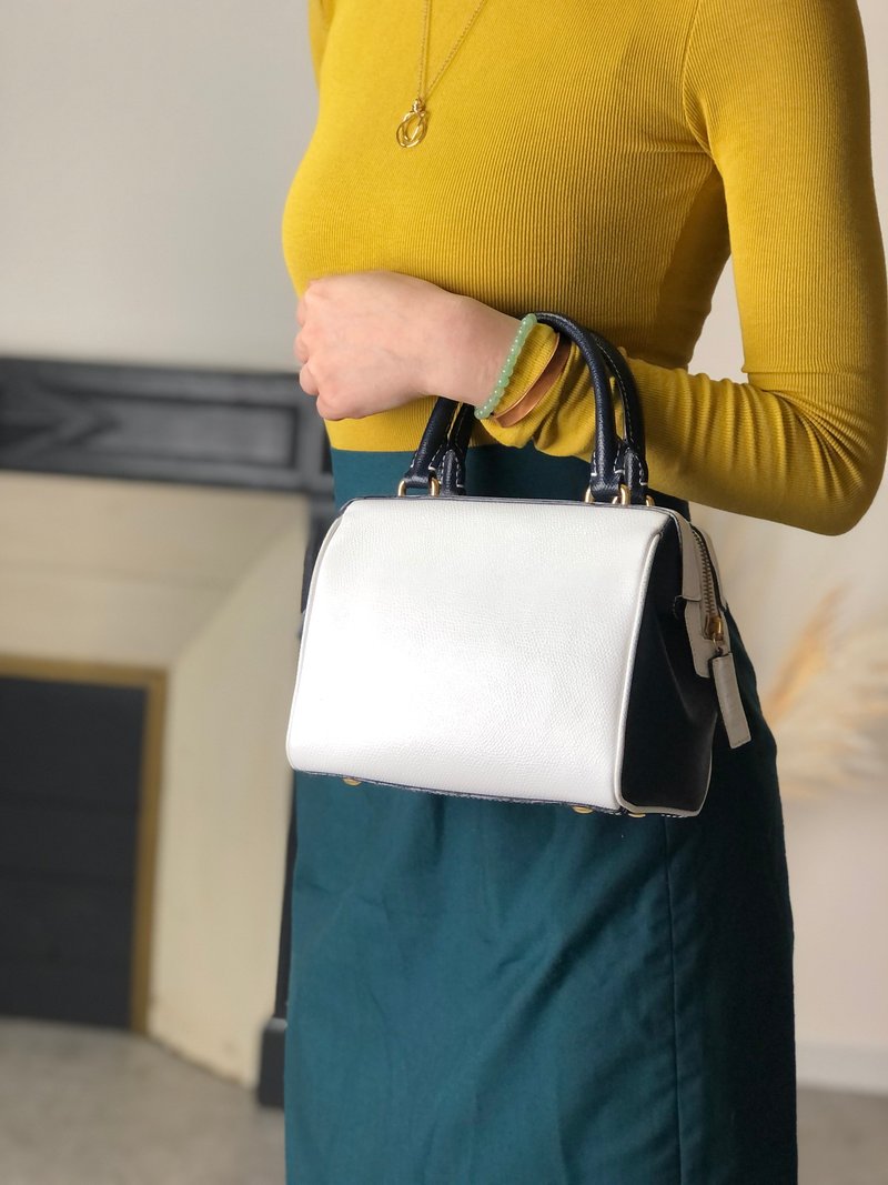 【 日本直送　名牌中古包 】CELINE セリーヌ ショルダーバッグ ホワイト ネイビー バイカラー レザー ミニバッグ 2way ミニボストン gbtb54 - 側背包/斜背包 - 真皮 白色