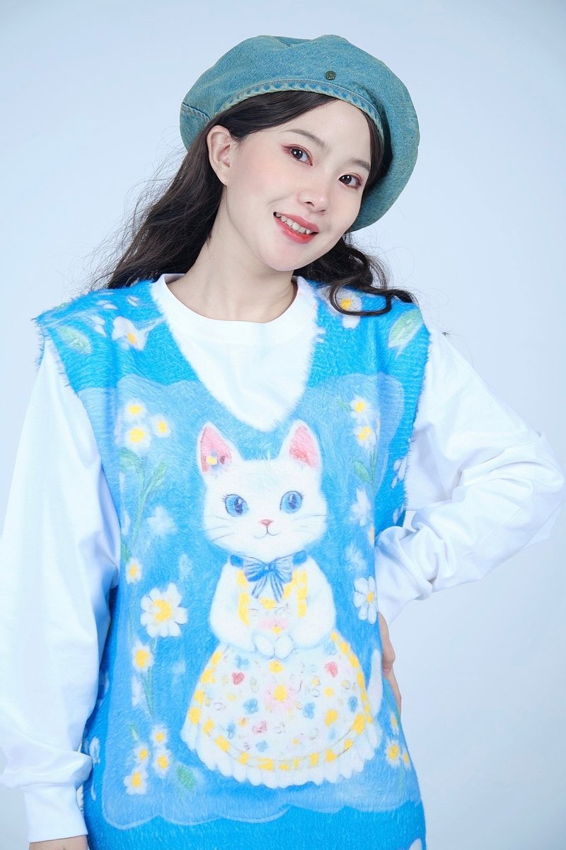 Meow Cat Chong Store original blue wreath cat sweater vest - สเวตเตอร์ผู้หญิง - ไฟเบอร์อื่นๆ สีน้ำเงิน