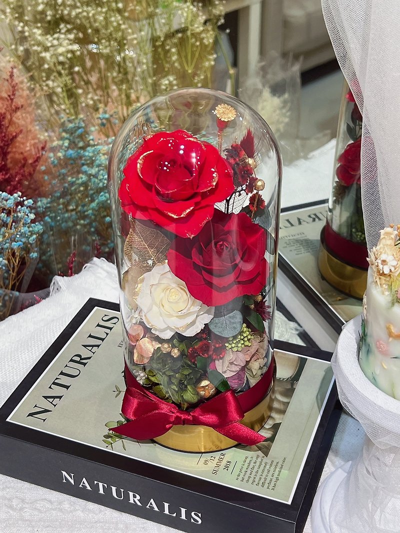 FengFlower [Red Rose Glass Cover] Dry Flowers/Unwithered Flowers/Gifts - ช่อดอกไม้แห้ง - พืช/ดอกไม้ สีแดง