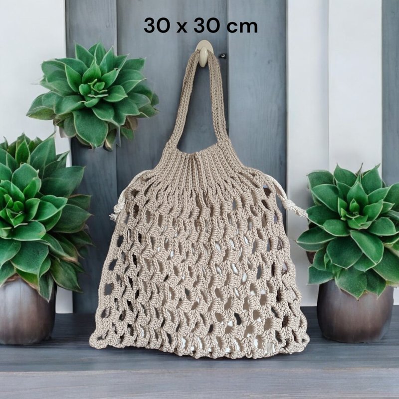 Handmade Crochet Tote Bag - กระเป๋าแมสเซนเจอร์ - ผ้าฝ้าย/ผ้าลินิน สีกากี