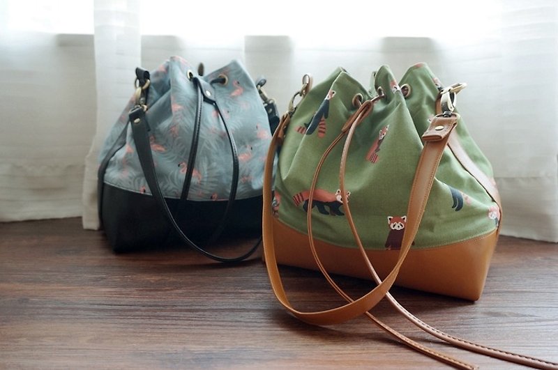 Canvas + leather stitching classic bucket bag shoulder bag - กระเป๋าแมสเซนเจอร์ - หนังแท้ หลากหลายสี