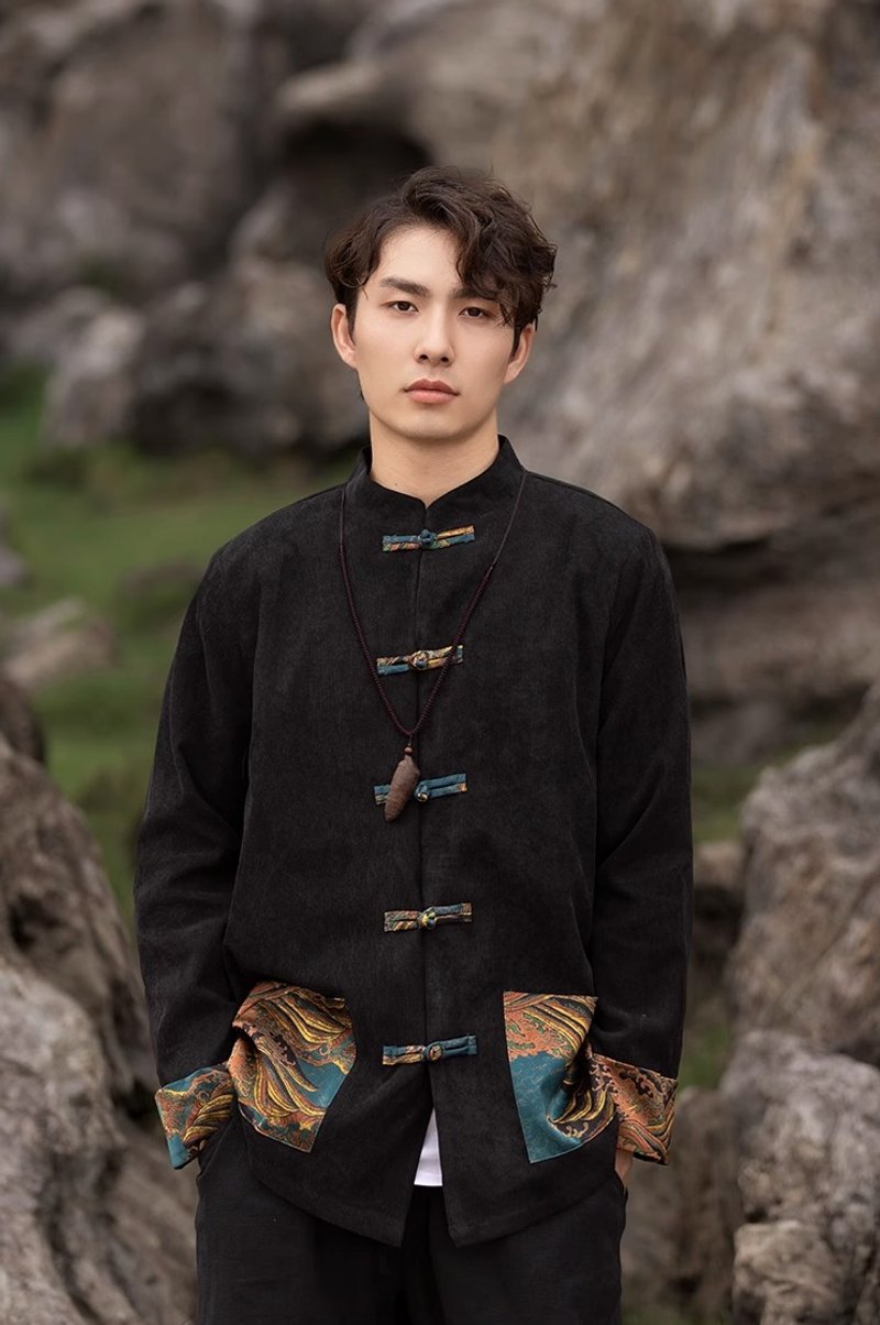 Oriental aesthetic Chinese style contrasting color buttoned jacket - เสื้อโค้ทผู้ชาย - วัสดุอื่นๆ หลากหลายสี