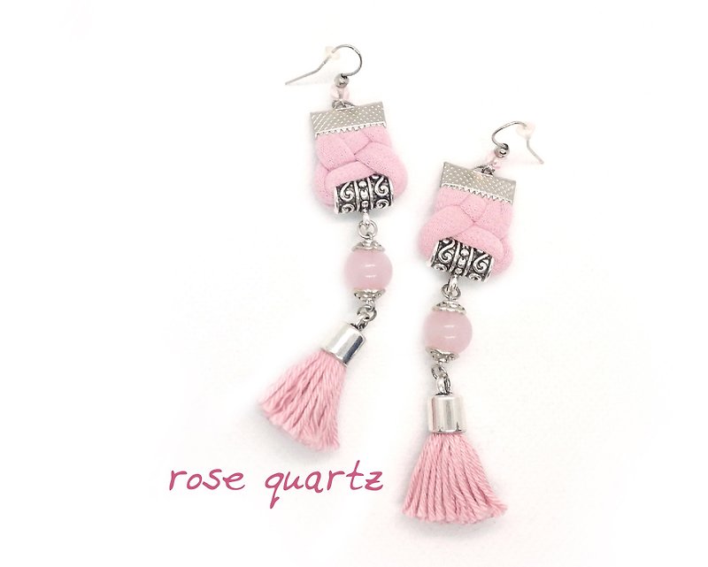 Pale Pink Rose Quartz Bohemian Tassel Earrings Fiber Accessory Gift for Women