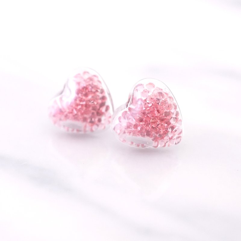 迷你心形玻璃球配粉紅水晶耳環