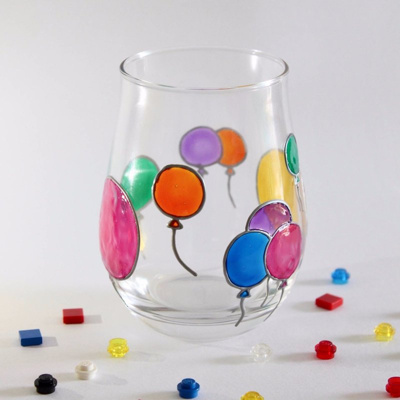 純手工療癒系彩色氣球玻璃彩繪杯/ 筆筒《粉紅+黃大氣球》 - 茶具/茶杯 - 玻璃 多色