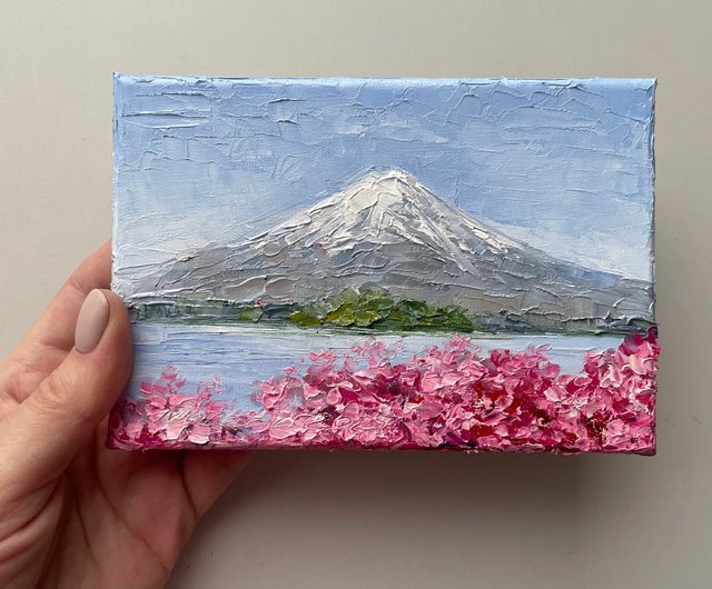 キャンバスに描かれた富士山と桜のミニ風景油絵 - ショップ