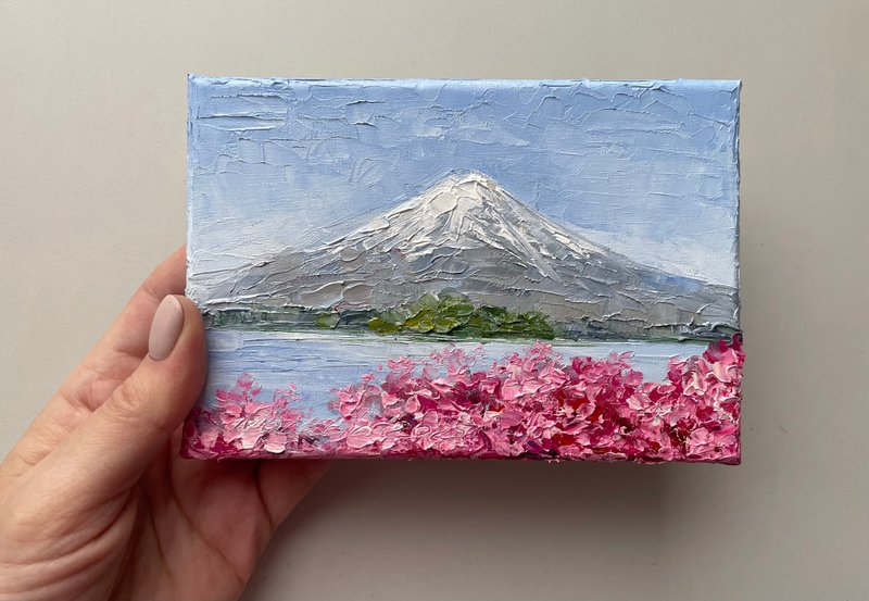 Mount Fuji with Sakura oil painting mini landscape on canvas - 壁貼/牆壁裝飾 - 棉．麻 粉紅色