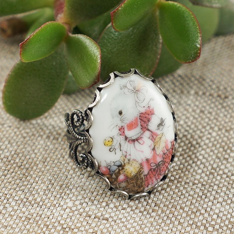 Cute Bunny Rabbit Hare Pink White Porcelain Cameo Adjustable Ring Jewelry Gift - General Rings - Porcelain Pink