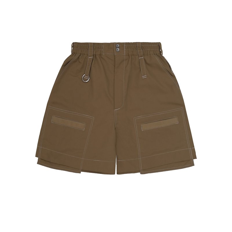 FUSIO FUSIO - Stitched Pocket Stitched Shorts - Khaki - กางเกงขาสั้น - เส้นใยสังเคราะห์ สีนำ้ตาล