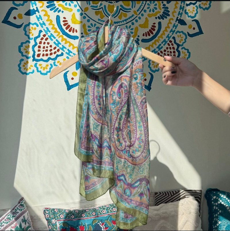 印度丨民族絲巾-湖光綠風 - 絲巾 - 絲．絹 藍色