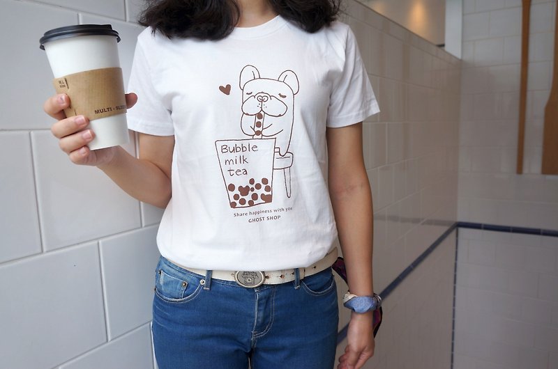 (Sold Out)【 Fubao Drink Jane Milk】-Fighting T-shirt - White - Other - Cotton & Hemp White