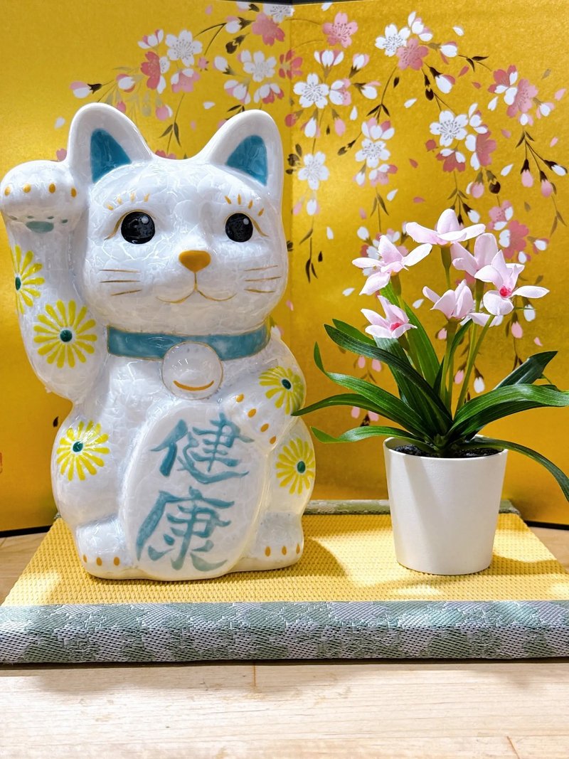 【皓晶康福】日本清水燒招財貓 | 花結晶白 - 健康 特大 右 - 擺飾/家飾品 - 瓷 白色