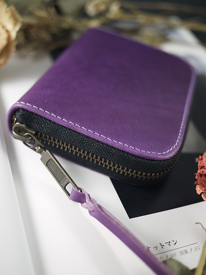 【Christmas】Elegant purple. Vegetable tanned middle clip/passport clip/wallet/wallet/coin purse - Wallets - Genuine Leather Purple